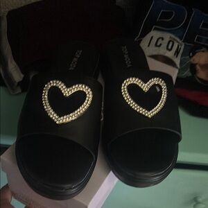 TOP Moda Black Rhinestone Heart Mules